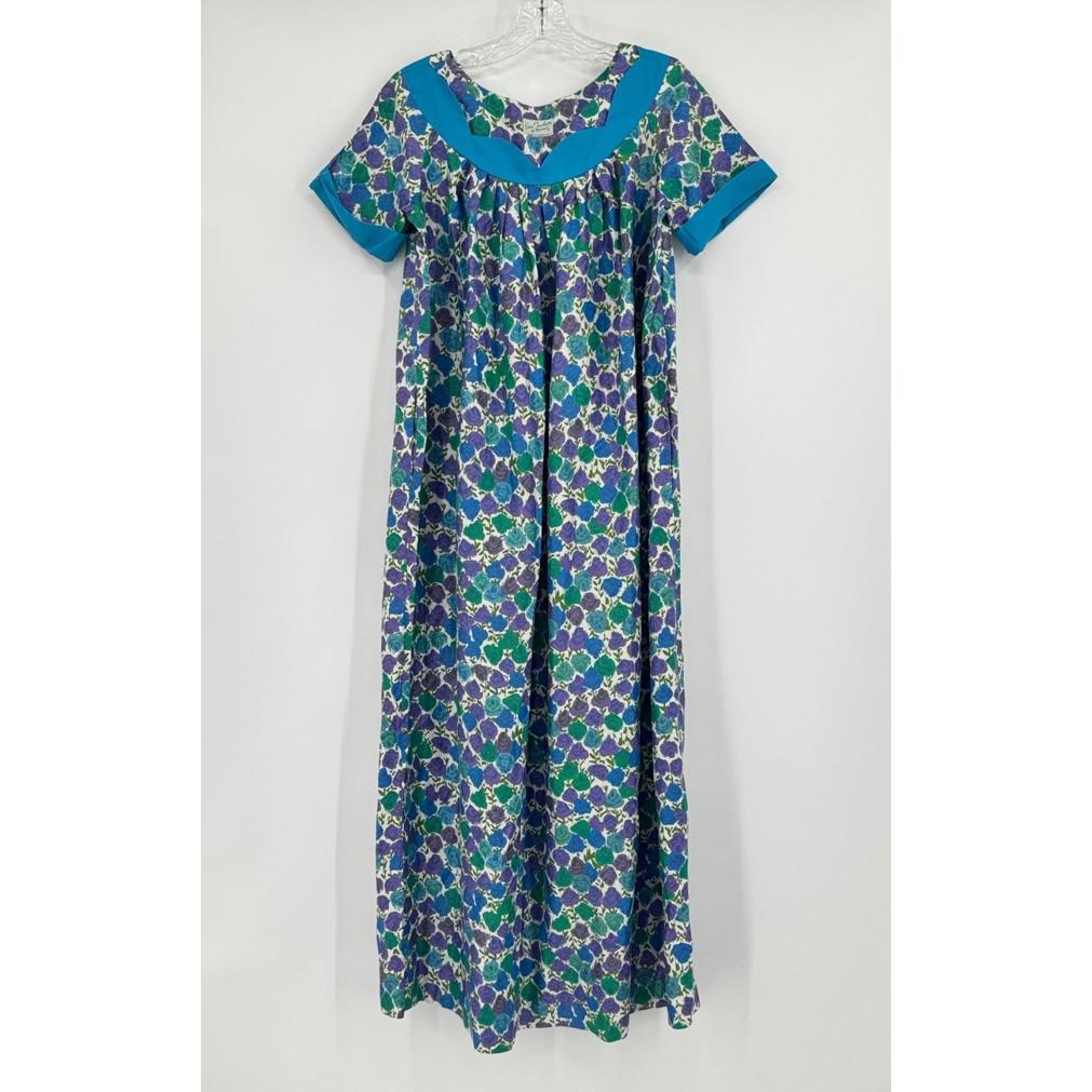 Vtg Sun Fashions Of Hawaii Floral Cuff Sleeve Scallop Neck Long A Line Dress